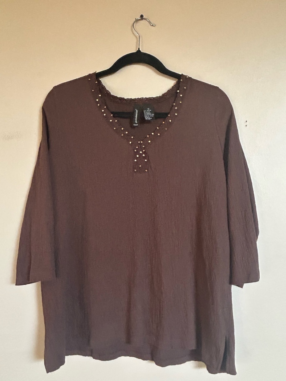 Jason Maxwell Woman 1X Brown Faux Bead Crochet Trim 3/4 Sleeve Top